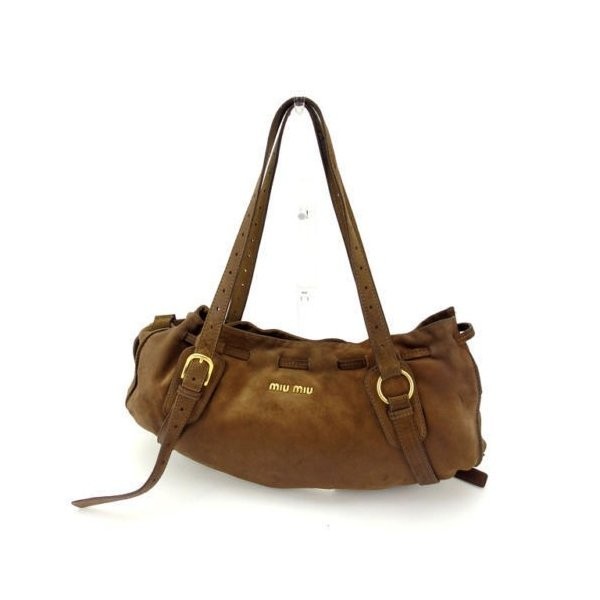 ミュウミュウ ショルダーバッグ ワイド レディース ロゴ ブラウン×ゴールド 中古