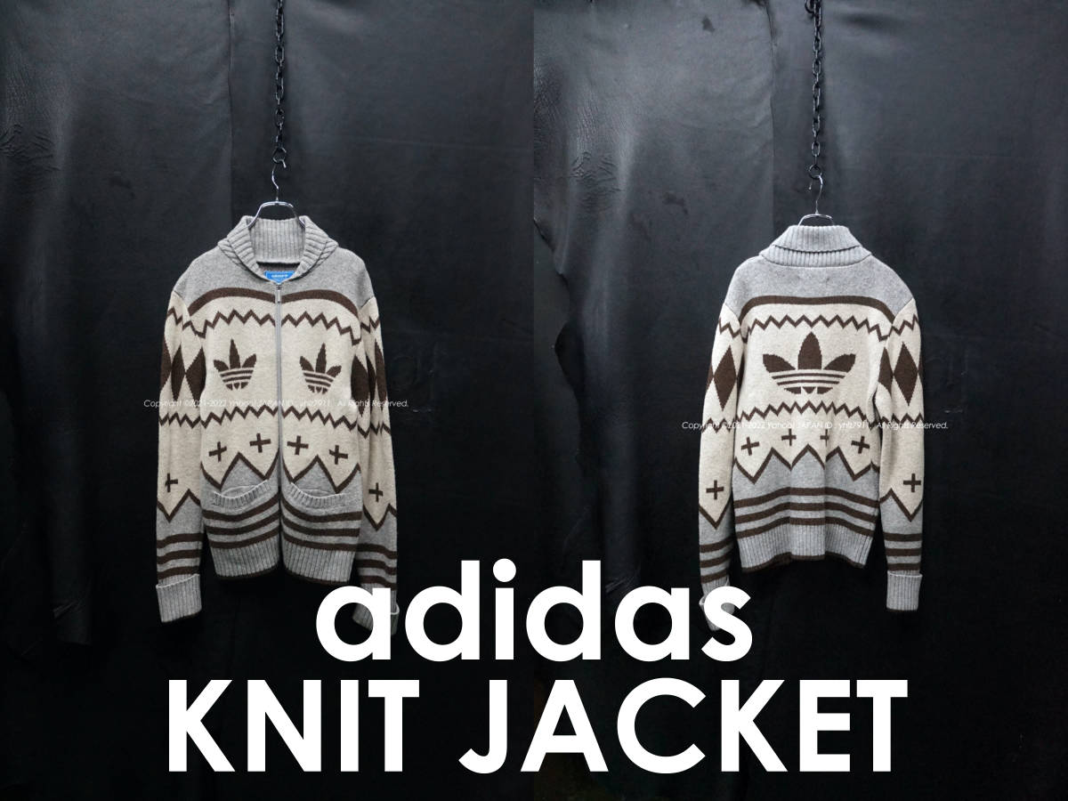 adidas 総柄ニットジャケット M カウチンニット ショールカラー 