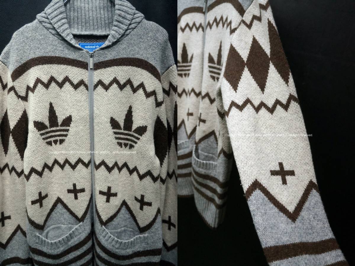 adidas 総柄ニットジャケット M カウチンニット ショールカラー 
