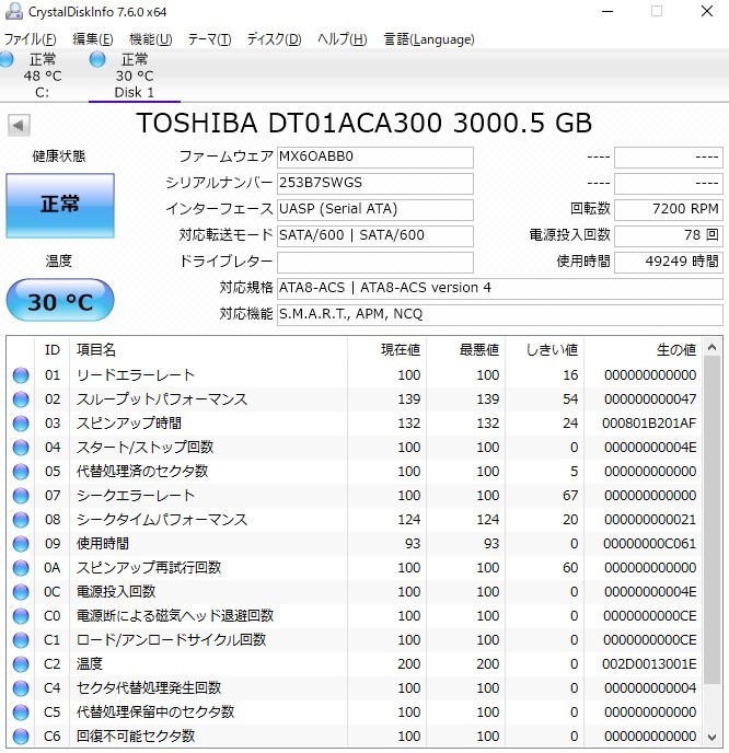 SATA 3TB TOSHIBA 1台 正常 DT01ACA300 中古パーツ3.5 HDD 使用時間 7200rpm 東芝 DT01ABA300V 内蔵HDD 使用時間18477H 3.5 中古パーツ3.5インチ