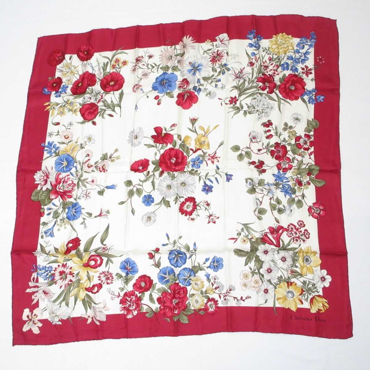 美品 Christian Dior クリスチャンディオール 花柄 大判 スカーフ レッド×ホワイト 101