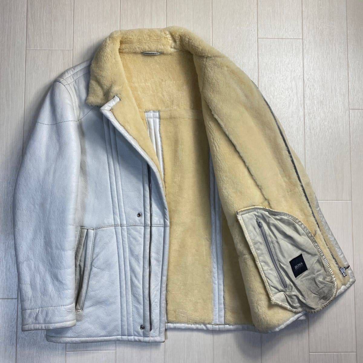 希少カラー★【ヒューゴボス/HUGO BOSS】肉厚羊革 リアルムートンジャケット レザーブルゾン ライダース 裏ボア極暖 美品◎ 46 M 白