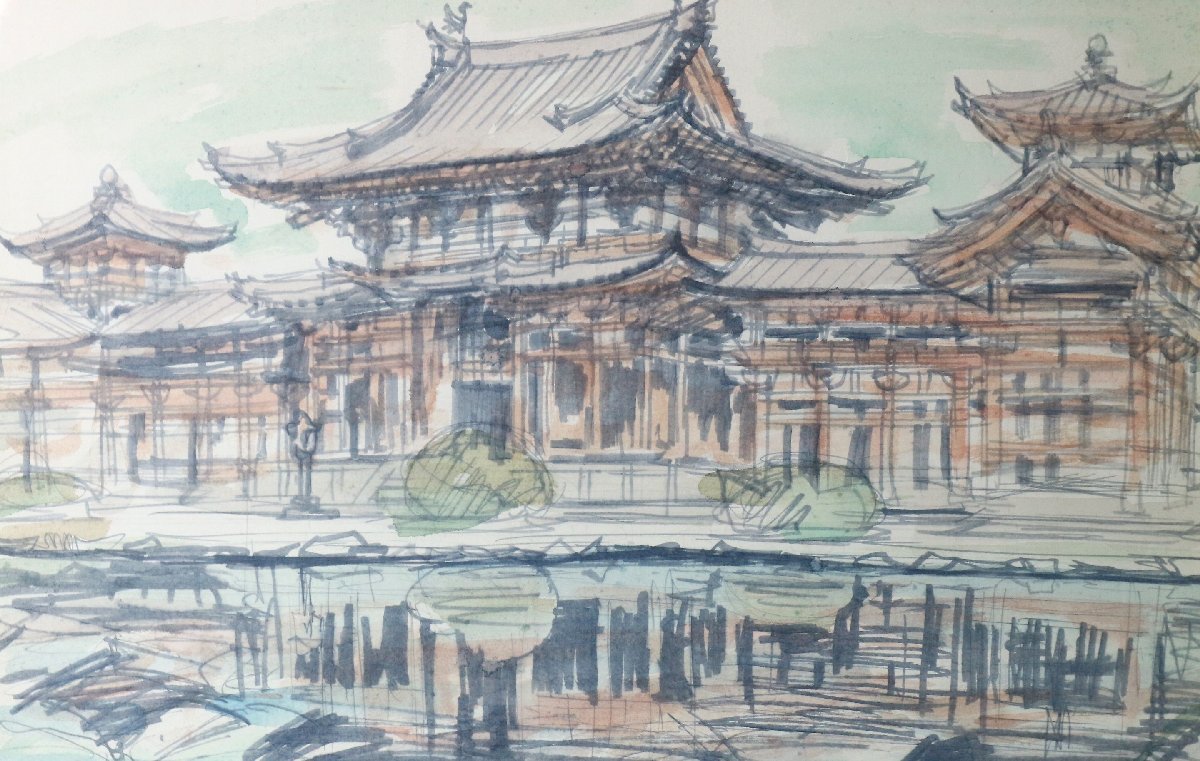 宇佐美江中 「素描 平等院」 額装品 共シール 日本画 師:河合玉堂 大森