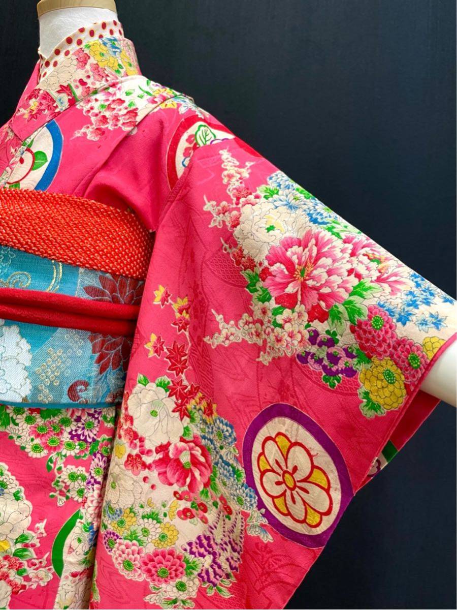 アンティーク着物◇子供着物 七五三 紋綸子 花柄 大正ロマン レトロ