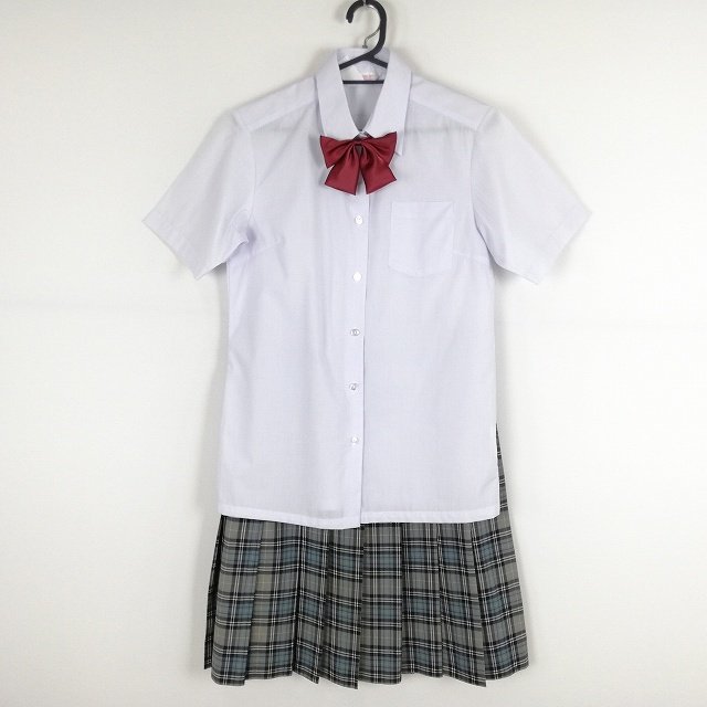 1円 ブラウス チェックスカート リボン 上下3点セット 155A 富士ヨット 夏物 女子 学生服 中学 高校 白 制服 中古 ランクB NA5715