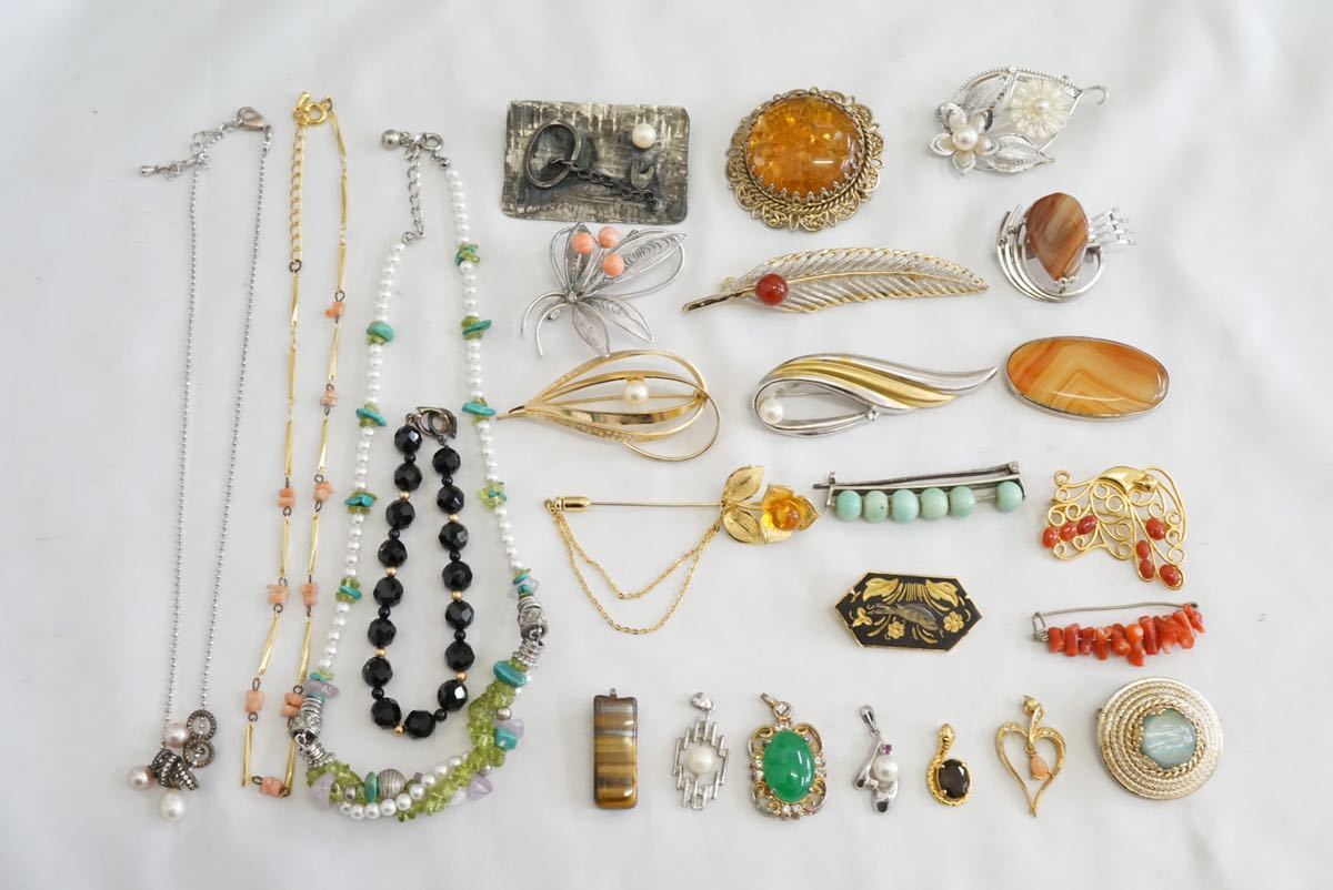 C153 ジャンク品 本珊瑚 本真珠 天然石など ヴィンテージ ネックレス 