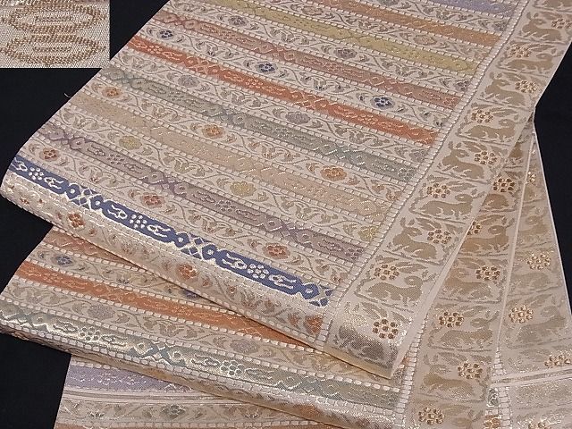 着物屋こころ■西陣河村織物謹製・手織り　六通柄袋帯　正倉院裂文　花兎　金糸　正絹　逸品　A-sx4287