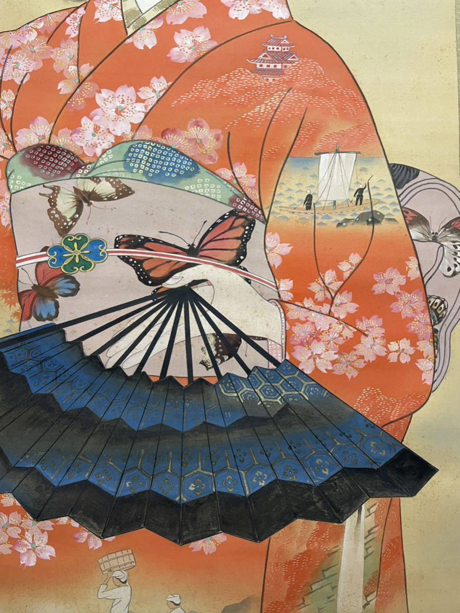 B-296掛軸 絹本肉筆 美人画 京舞妓図 無落款 画面幅90cm 超大サイズ