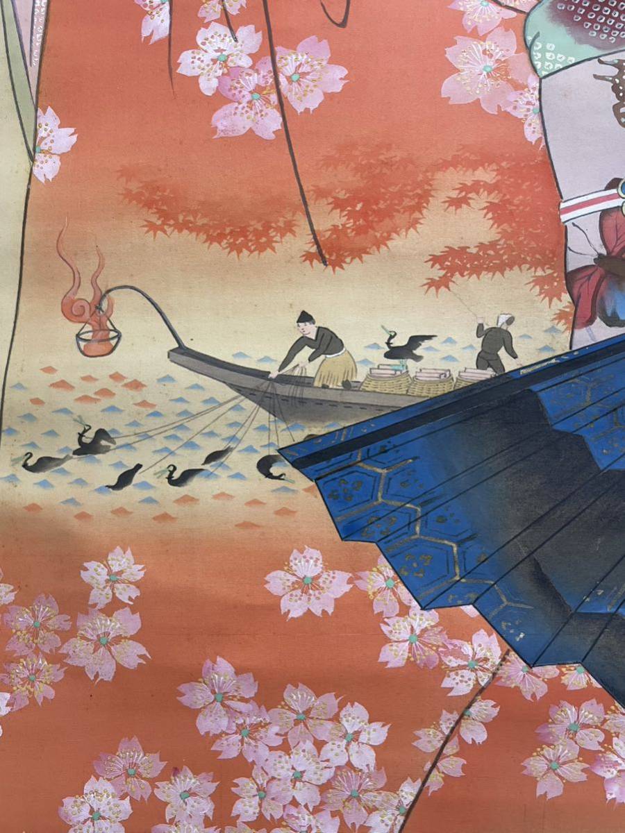 B-296掛軸 絹本肉筆 美人画 京舞妓図 無落款 画面幅90cm 超大サイズ