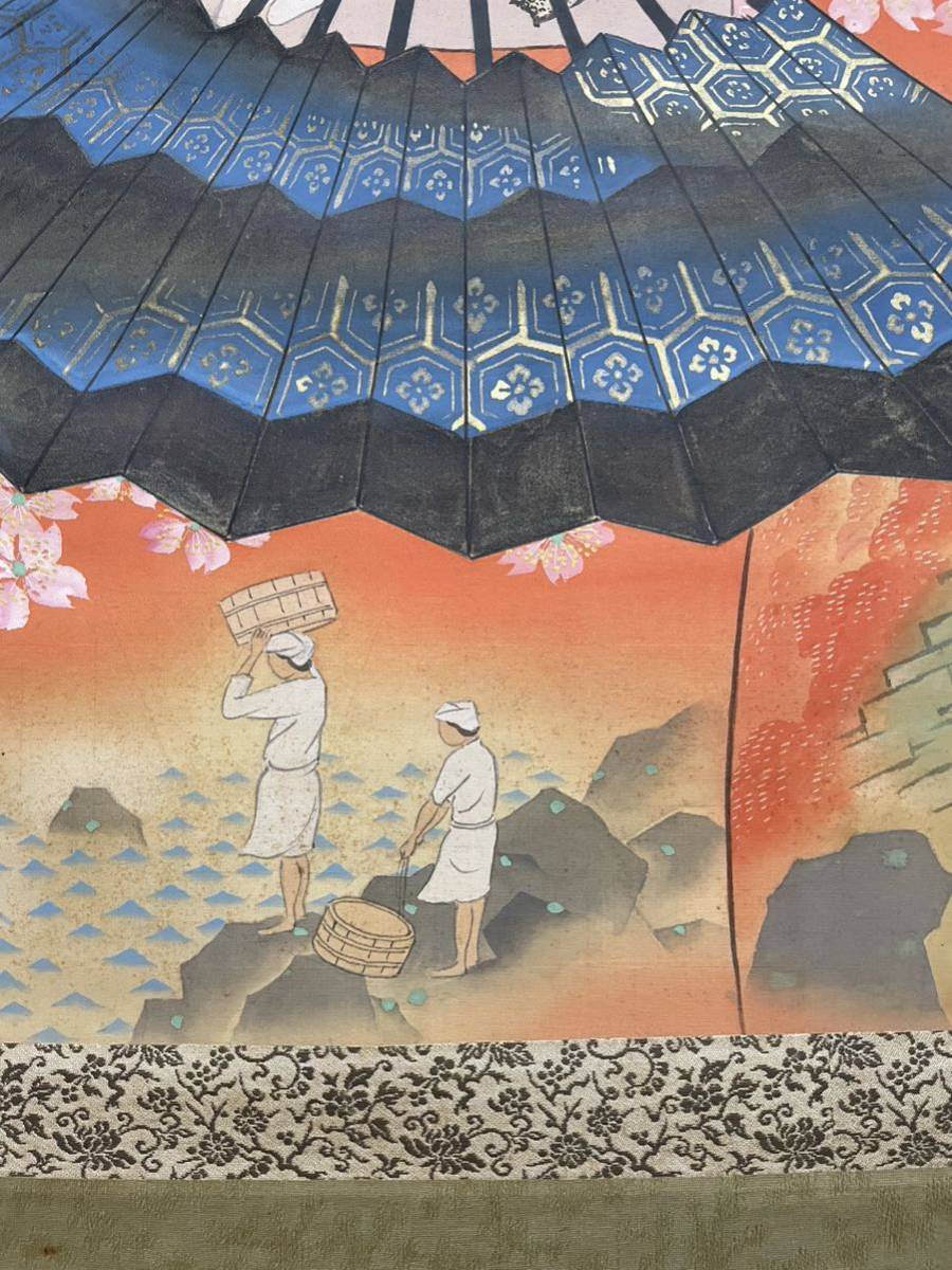 B-296掛軸 絹本肉筆 美人画 京舞妓図 無落款 画面幅90cm 超大サイズ