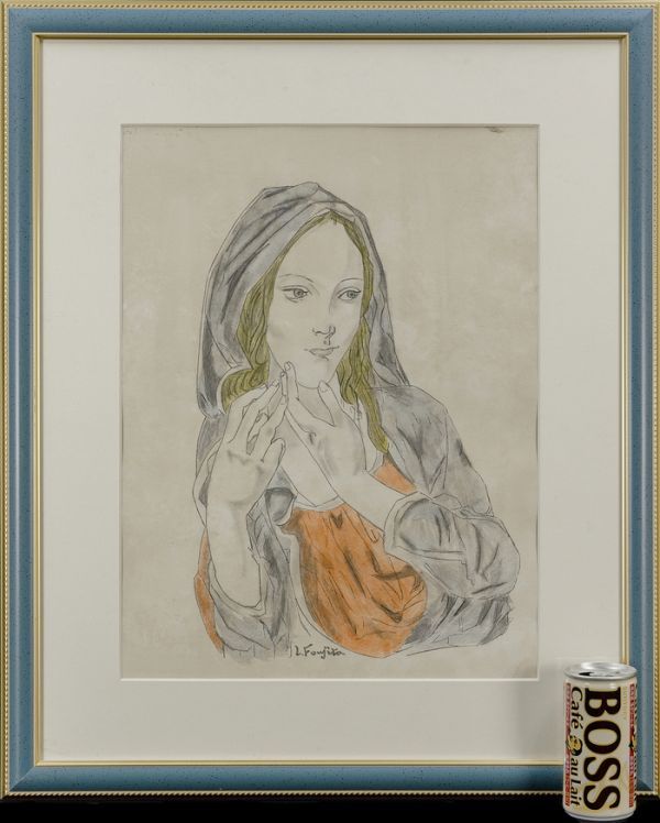 ◇藤田嗣治◇水彩(鉛筆デッサン) 手描き《聖母像》表サイン 画廊取扱