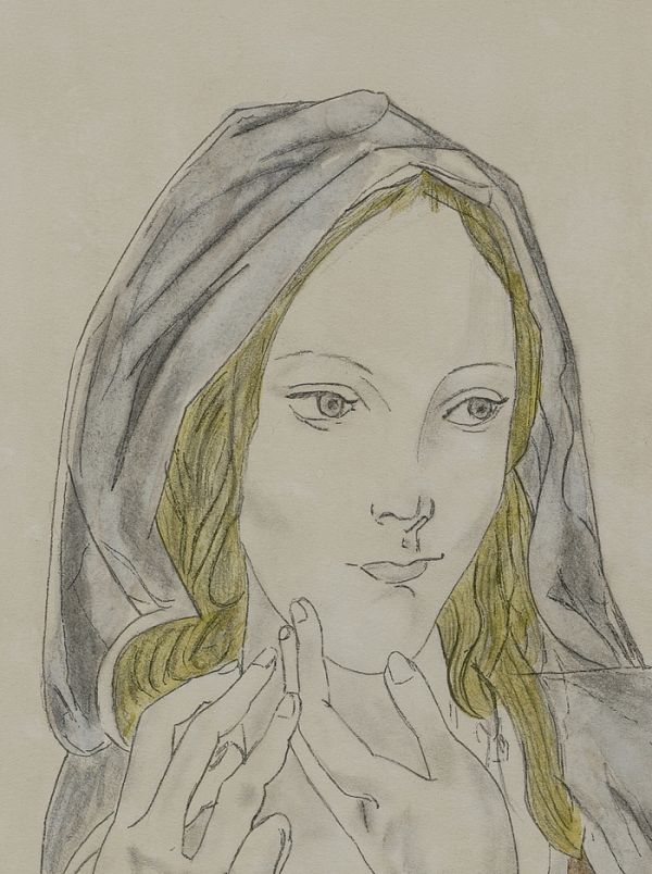 ◇藤田嗣治◇水彩(鉛筆デッサン) 手描き《聖母像》表サイン 画廊取扱