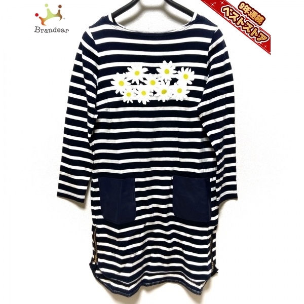 ミュベール MUVEIL サイズ38 M - ネイビー×白×マルチ レディース クルーネック/長袖/ひざ丈/花柄/ボーダー ワンピース