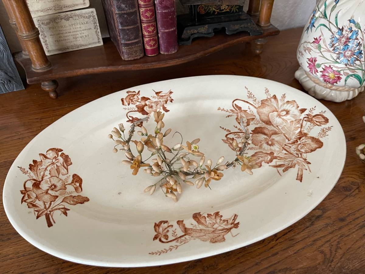 フランス アンティーク PEXONNE製 パンジー柄 オーバル大皿 19世紀