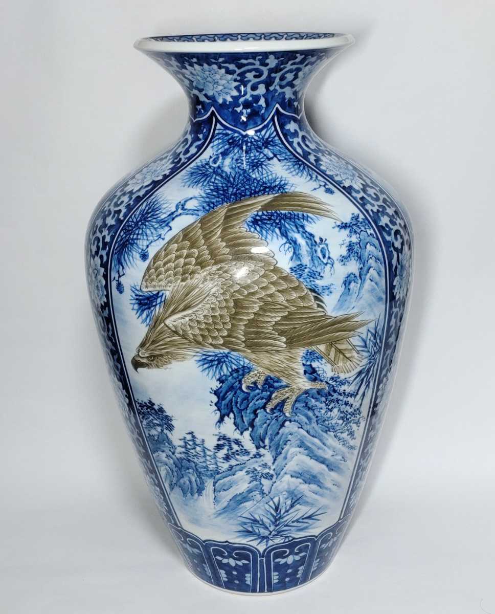 有田焼 名工 緒方松右衛門 作 染付 鷹鶴鯉松図 大花瓶
