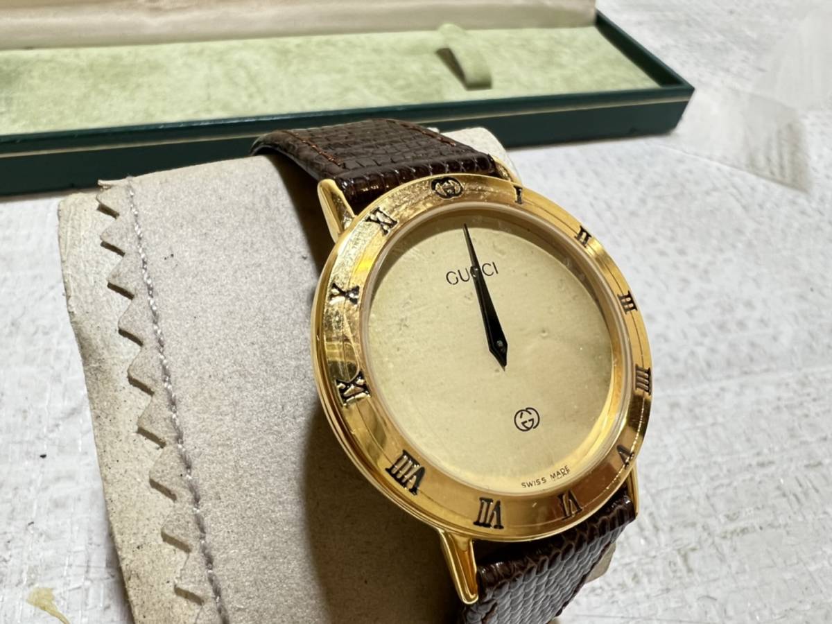 H 1円スタート GUCCI グッチ 3400M ゴールド文字盤 メンズ クオーツ QZ