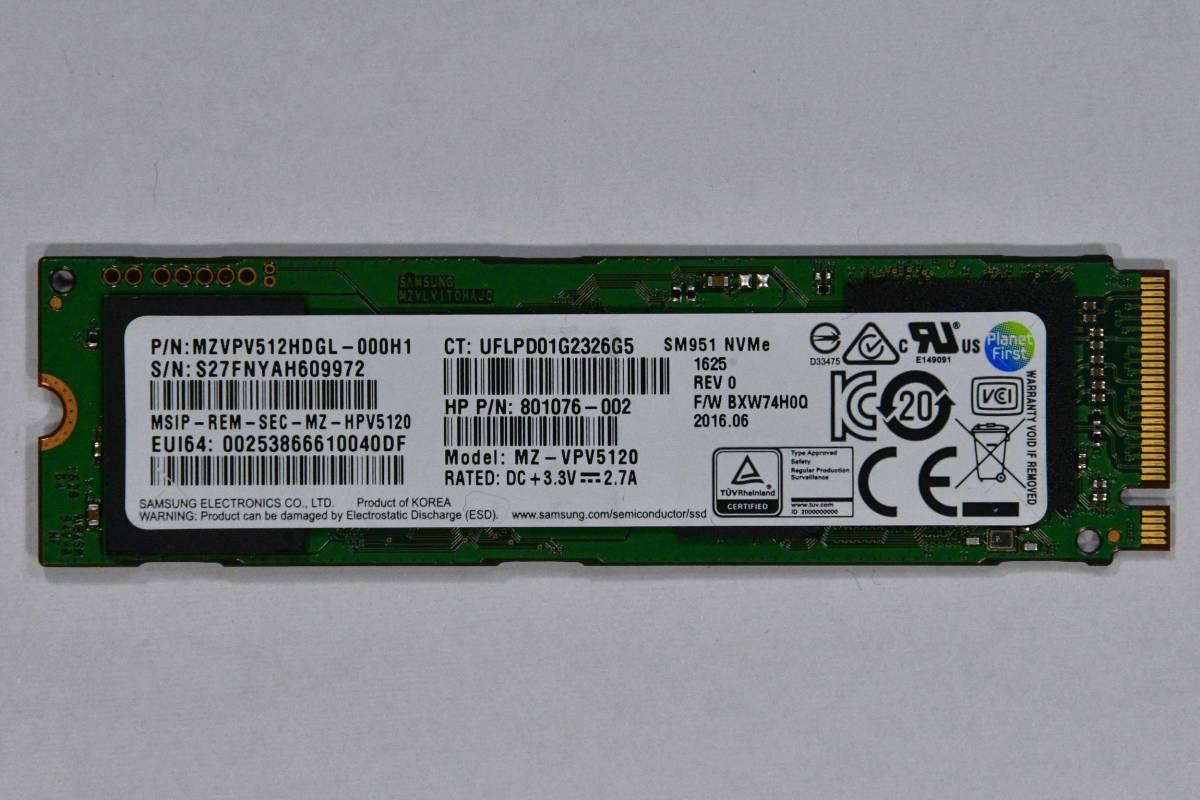 動作保証☆SSD M.2 NVMe 512GB SAMSUNG MZVPV512HDGL-000H1☆933 512GB