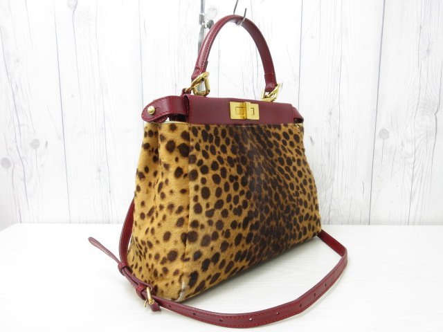 美品 FENDI フェンディ 豹柄ハラコ ピーカブー ハンドバッグ 