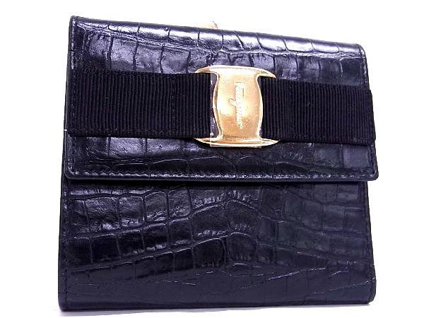 1円 ■極美品■ Salvatore Ferragamo フェラガモ 22 3058 ヴァラ クロコ型押しレザー 二三つ折り 財布 ウォレット ブラック系 DA1471セM