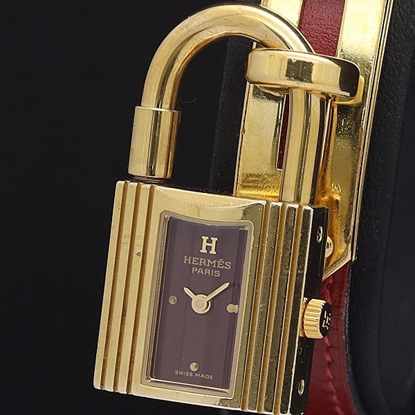 1円 稼働 良品 エルメス QZ ケリーウォッチ スクエア 赤文字盤 レディース腕時計 5811300◇