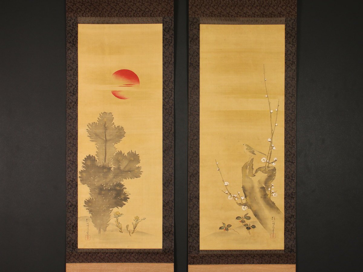模写】【1円開始】【伝来】ek1400〈酒井抱一〉双幅 福寿草白梅図 琳派