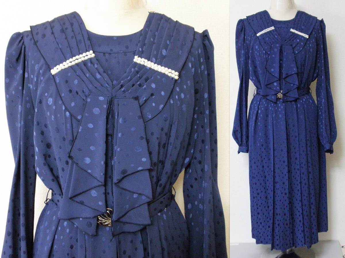 レトロ 古着 紺 水玉模様 ビーズ飾り ワンピース★昭和 ヴィンテージ クラシカル モード vintage フォーマル ドレス