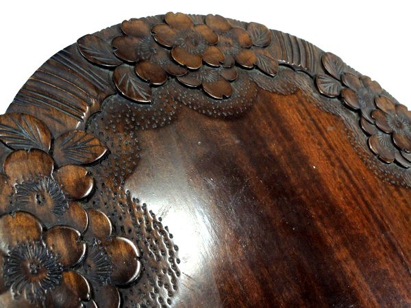 AO15 高嶋作 大阪唐木 二重天 紫檀 透彫 平卓 軽井沢彫/星打桜図猫脚