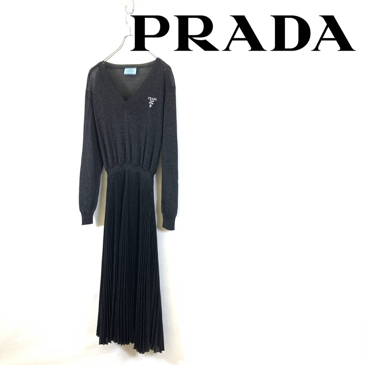 2021AW PRADA プラダ ロゴ刺繍 プリーツ スカート ニット ワンピース size 36S