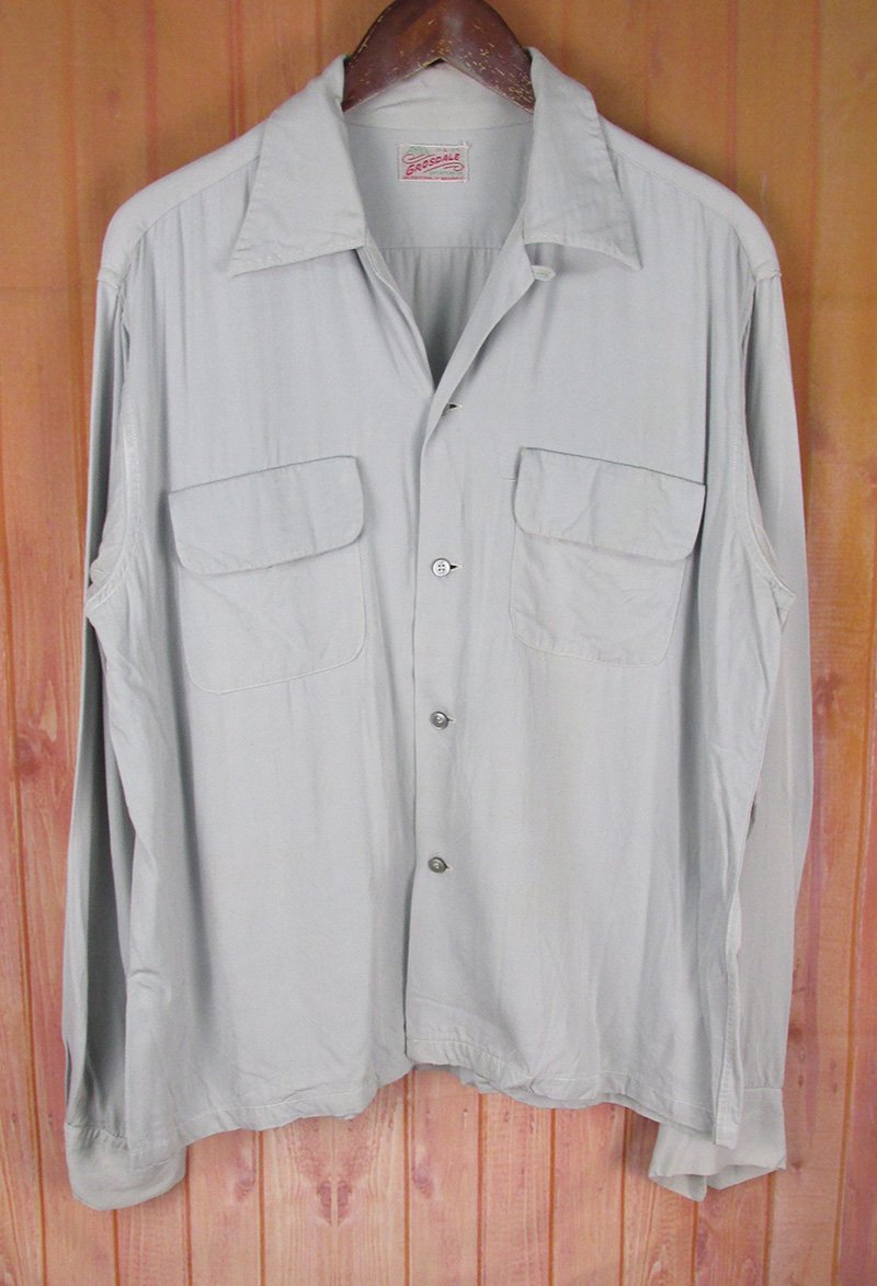 AS7642 ビンテージ GROSDALE グロスデイル 50s オープンカラー レーヨンシャツ L 16-16 1/2 グレー系
