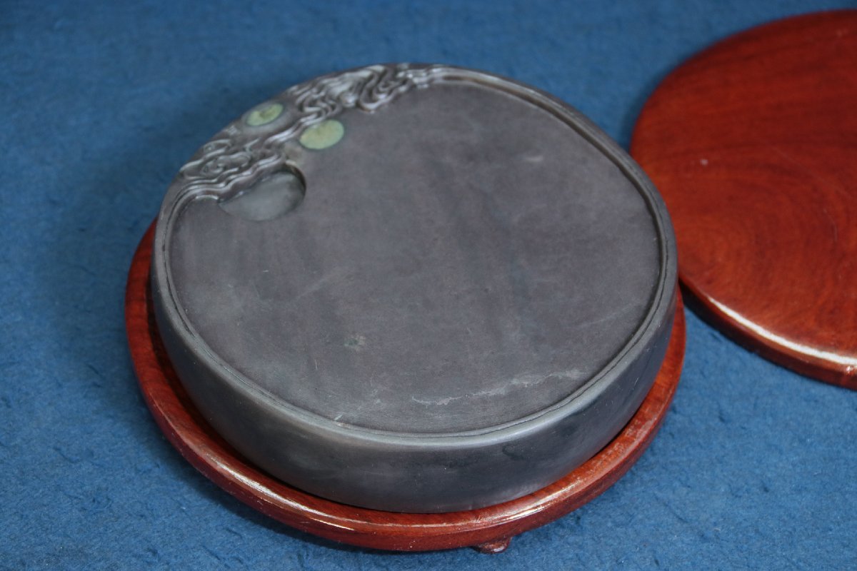 中国の古い硯 端渓 雲月円硯 眼 青花 15.5×3CM 唐物 文房具 文房四宝