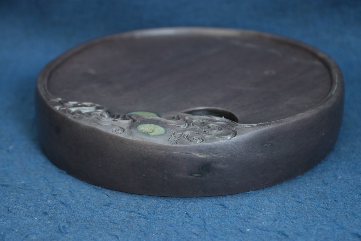 中国の古い硯 端渓 雲月円硯 眼 青花 15.5×3CM 唐物 文房具 文房四宝