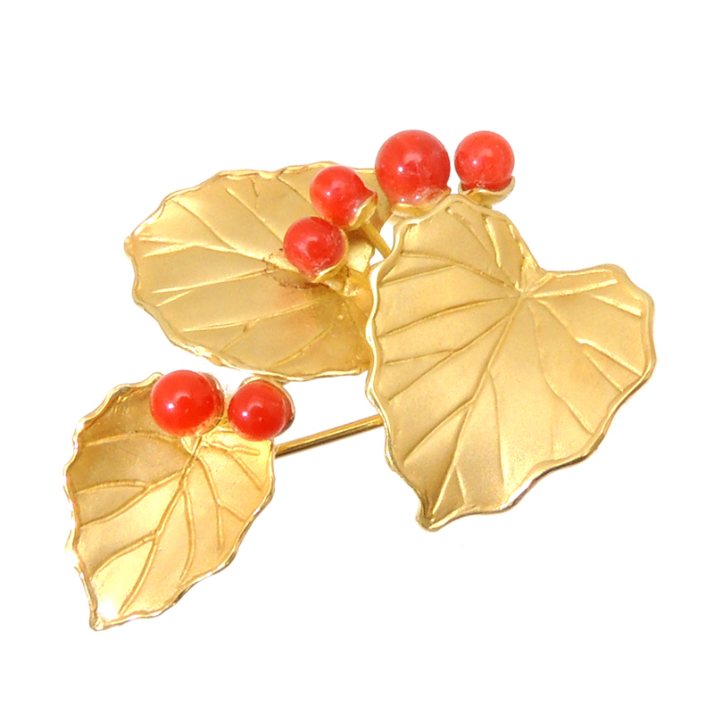 ［銀座店］Non Brand ノンブランド K18 赤珊瑚 リーフ ブローチ K18ゴールド ゴールド×レッド レディース DH59072