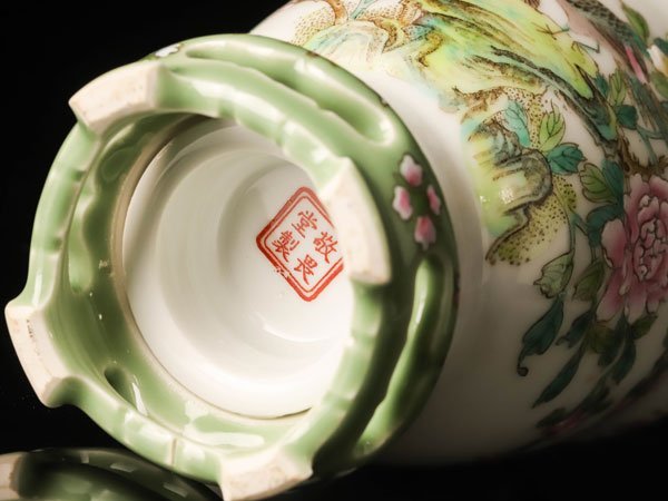 流】中国美術 敬畏堂製 粉彩花鳥図花瓶 転心瓶 高さ24cm TK264 陶芸