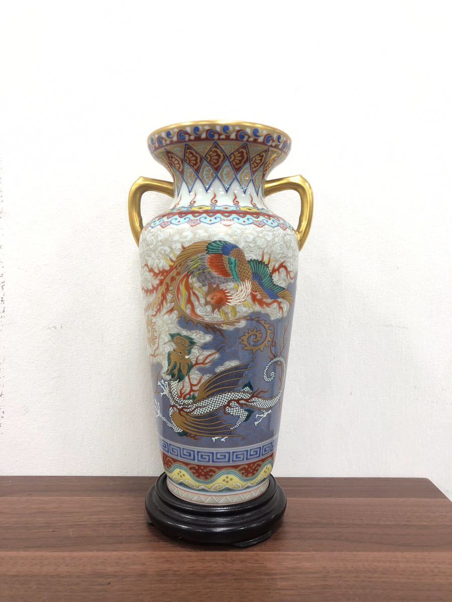 △香蘭社 染錦雲麒麟龍鳳凰図 金彩 耳付 花器 花瓶 花入 台付 花生
