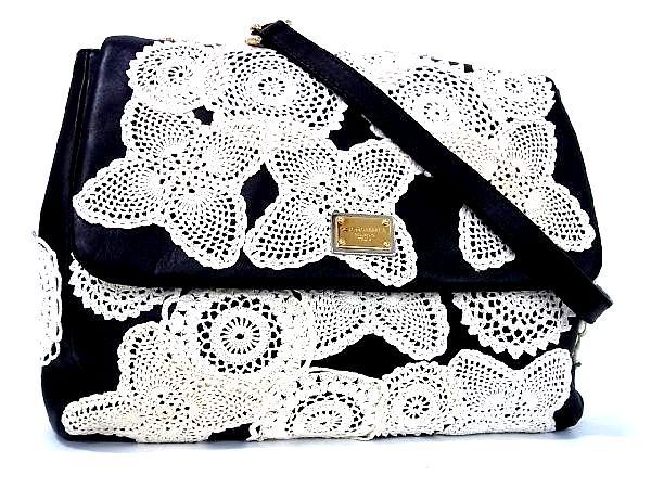 1円 ■美品■ DOLCE&GABBANA ドルチェ&ガッバーナ レザー レース チェーン ハンドバッグ ショルダー 肩掛けかばん ブラック系 AK1176ハオ
