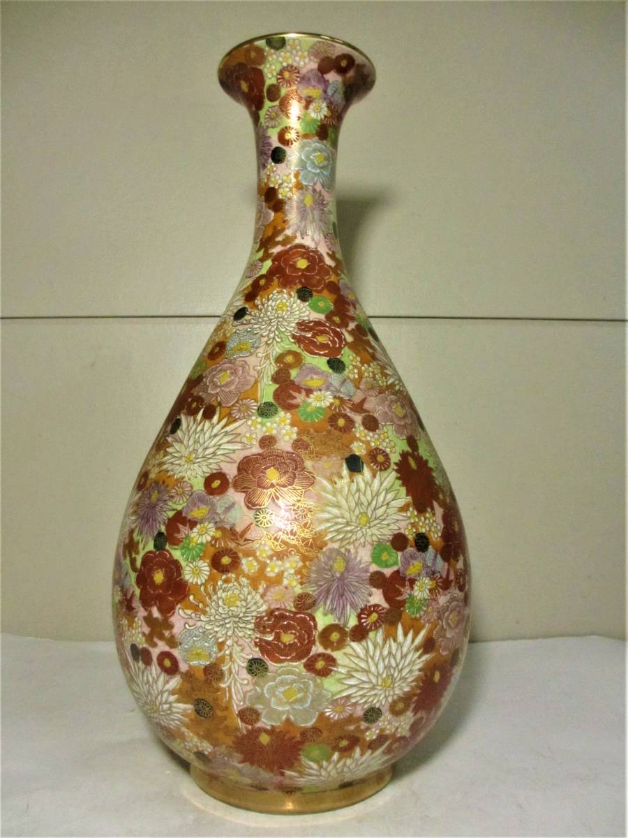 超激得，定番人気 ☆ 薩摩焼 花瓶 花尽し 高さ 約46cm 金襴