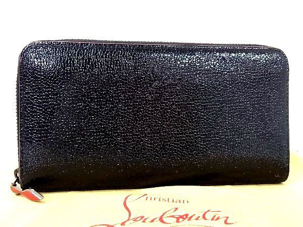 1円 ■美品■ Christian Louboutin クリスチャンルブタン パネトーネ パテントレザー ラウンドファスナー 長財布 ブラック系 AK1695bオ