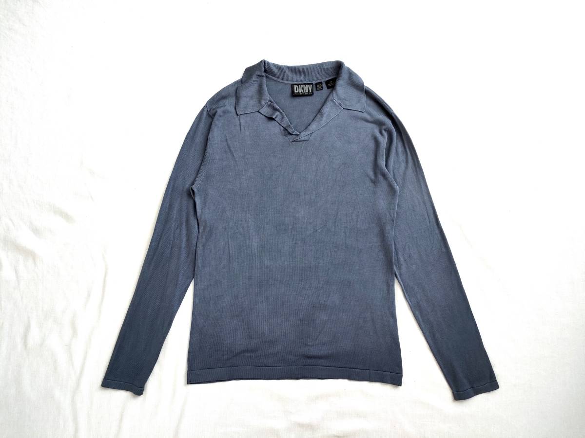 90s 旧タグ DKNY Archive Vintage シルク100% スキッパー ニットポロ 長袖 香港製 グレー ダナキャラン ニューヨーク USA Euro Vintage