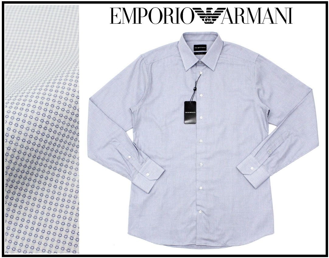 5万新品◆38=S◆EMPORIOアルマーニ 白×水色系織柄コットンシャツNEW YORK