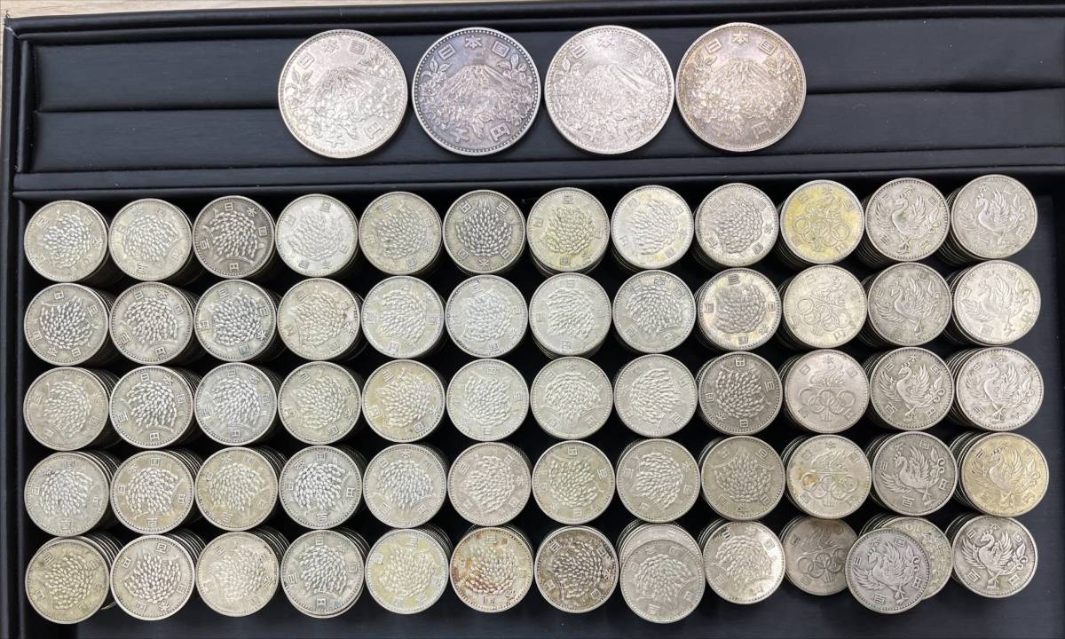 #4A 100円銀貨×588枚 1000円銀貨×4枚 大量おまとめ592枚セット 総重量約2900g 稲穂×448枚 鳳凰×97枚 五輪×43枚 五輪(1000円)×4枚