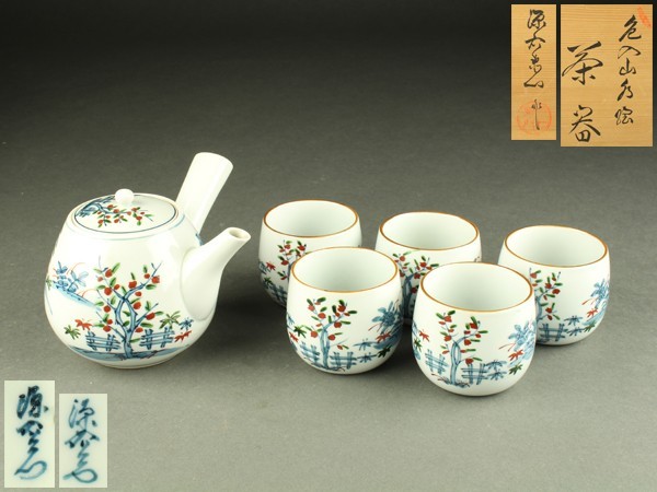 宇】DD391 館林源右衛門作 色入山水絵 茶器 急須 湯呑 共箱 煎茶道具