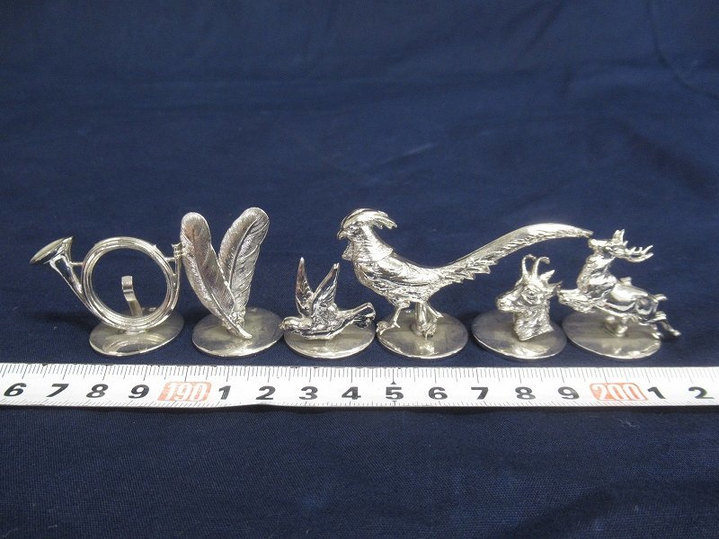 M3026 銀製 動物 羽根 ラッパ カードホルダー 6点 カードスタンド 59ｇ