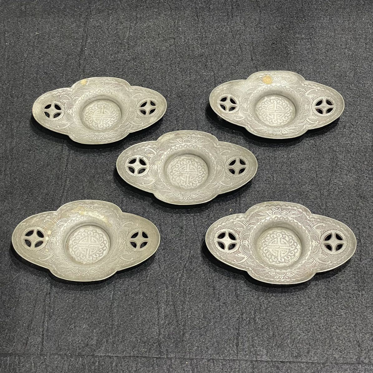 茶托 五客 浄足 古錫 煎茶道具 唐物 款 古錫茶托5客 唐物古錫 斑紋