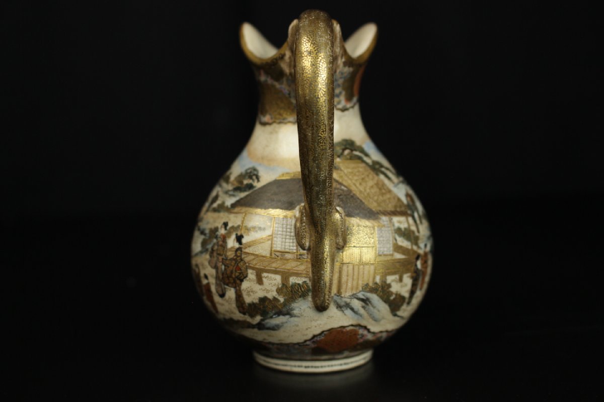 董芸】名品 明治期 薩摩焼 周山作 最上位絵付 金襴手 江戸風情図