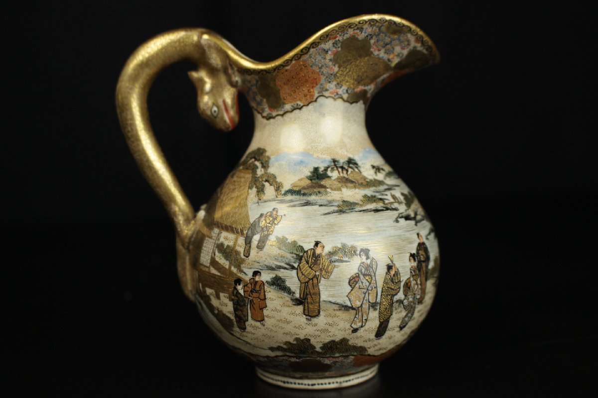 董芸】名品 明治期 薩摩焼 周山作 最上位絵付 金襴手 江戸風情図