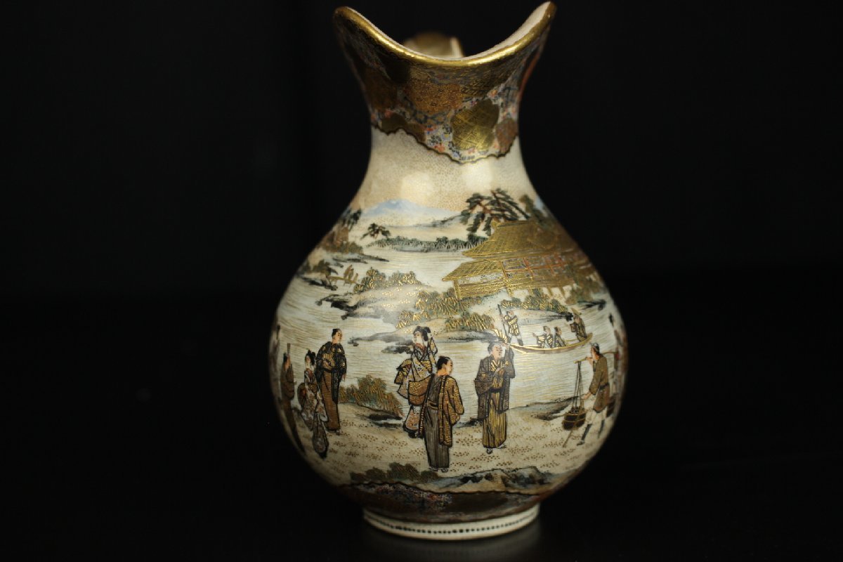 董芸】名品 明治期 薩摩焼 周山作 最上位絵付 金襴手 江戸風情図