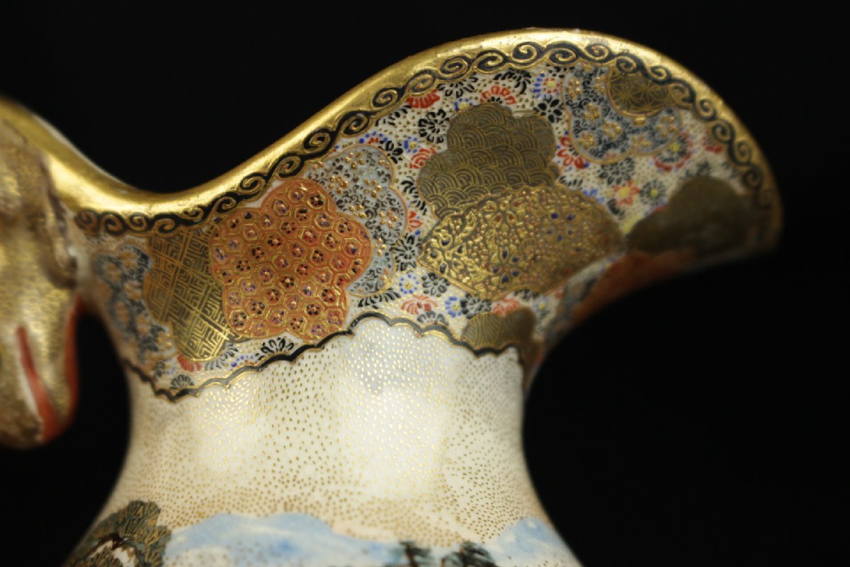 董芸】名品 明治期 薩摩焼 周山作 最上位絵付 金襴手 江戸風情図