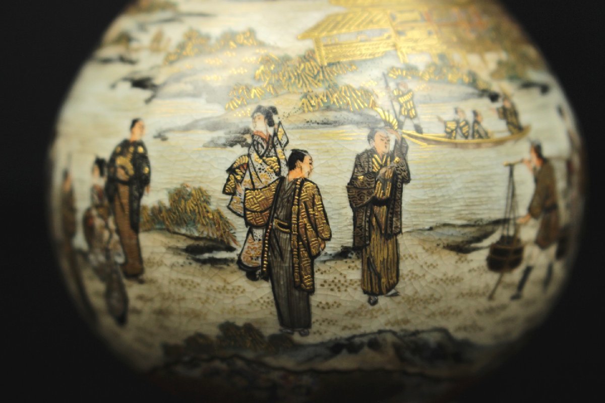 董芸】名品 明治期 薩摩焼 周山作 最上位絵付 金襴手 江戸風情図