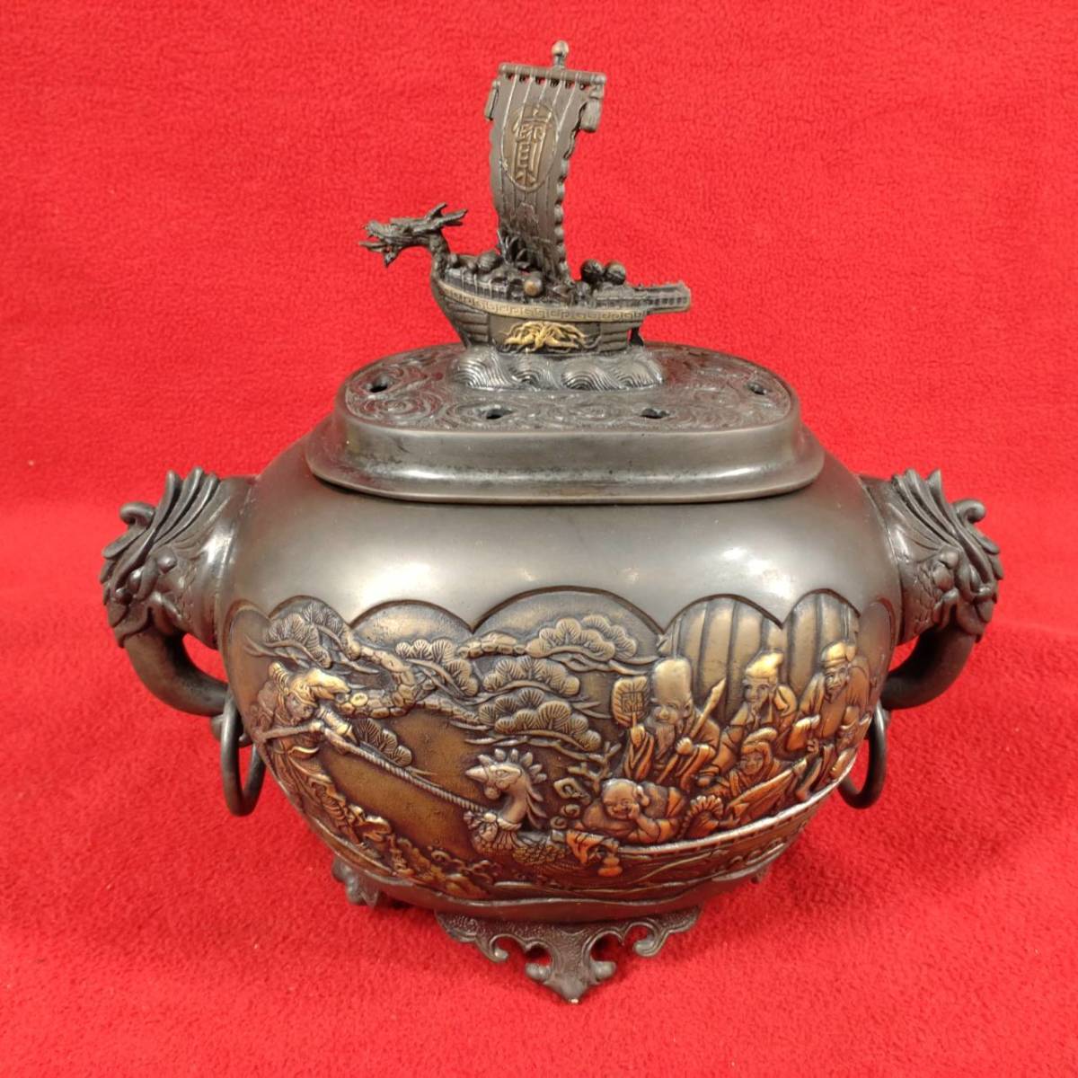 旧家蔵出 旧家 名家 時代 初出し 高岡銅器 鋳銅 能作吉秀 七福神 遊環 
