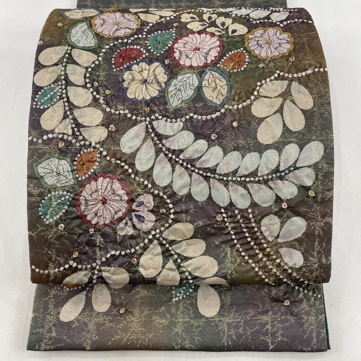 袋帯 美品 名品 落款 辻ヶ花 箔 茶緑色 お太鼓柄 正絹 【中古】 箔